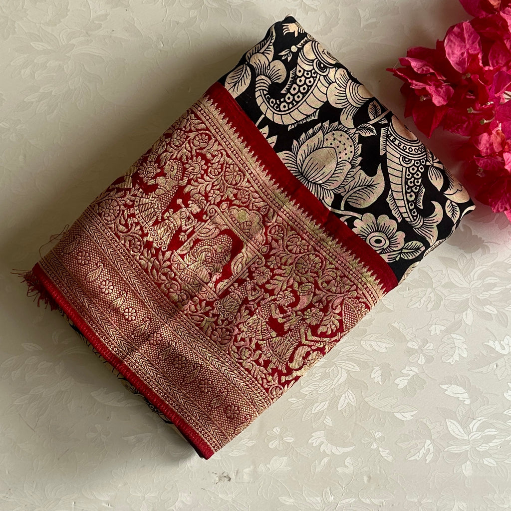 Jet Black Kalamkari Soft Tussar Silk Saree With Rich Maroon Pallu And Zari