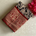 Jet Black Kalamkari Soft Tussar Silk Saree With Rich Maroon Pallu And Zari