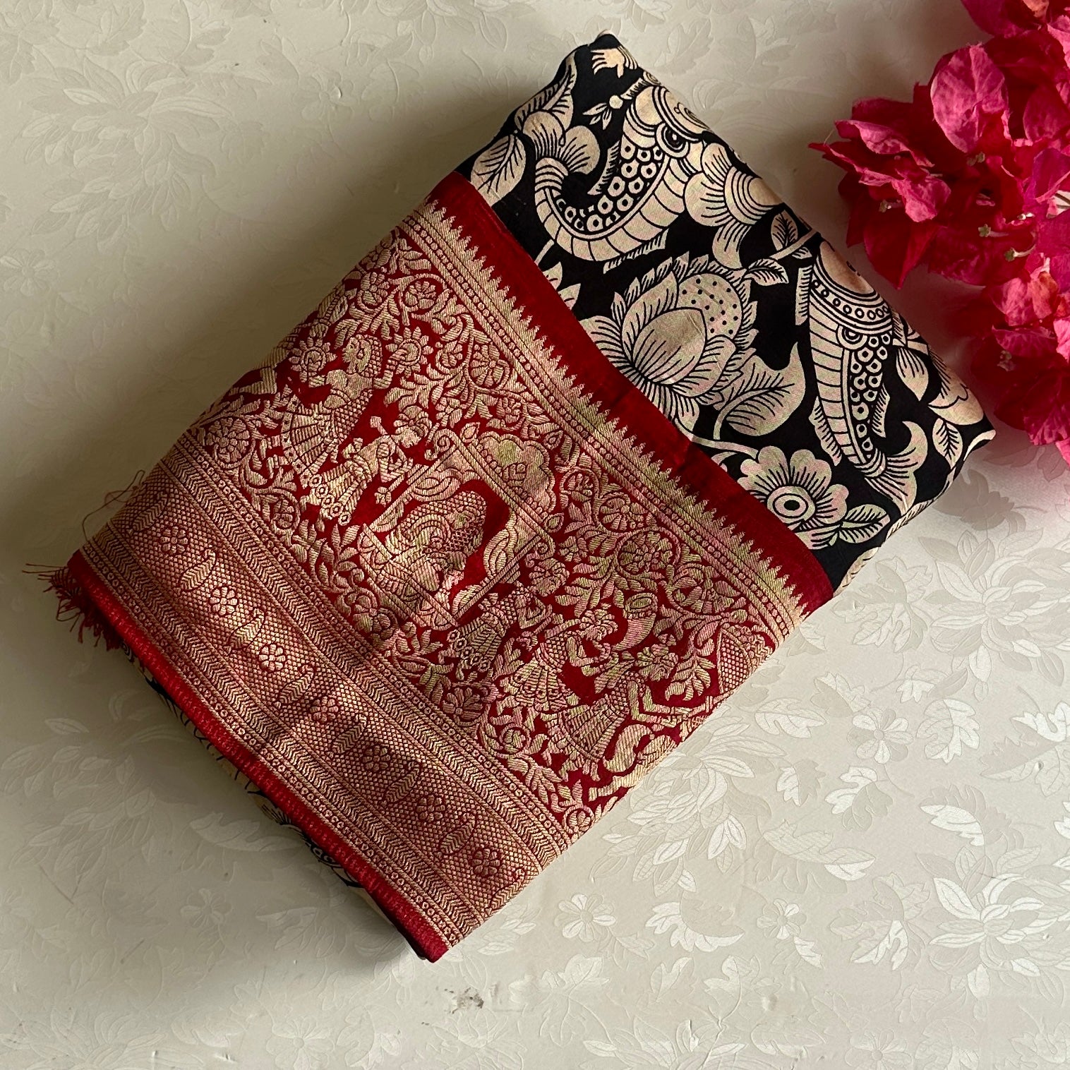 Jet Black Kalamkari Soft Tussar Silk Saree With Rich Maroon Pallu And Zari
