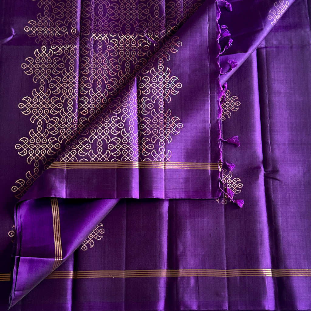 Royal Purple Designer Pure Silk Saree With Antique Gold Kollam Zari