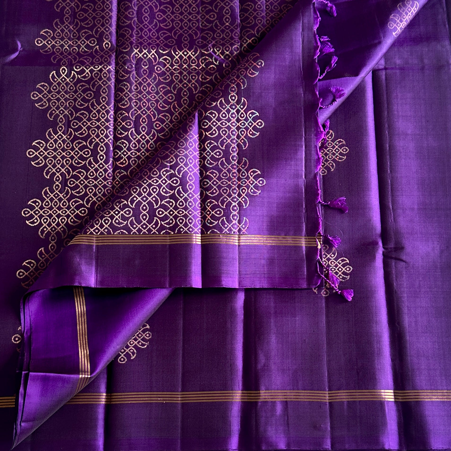 Royal Purple Designer Pure Silk Saree With Antique Gold Kollam Zari