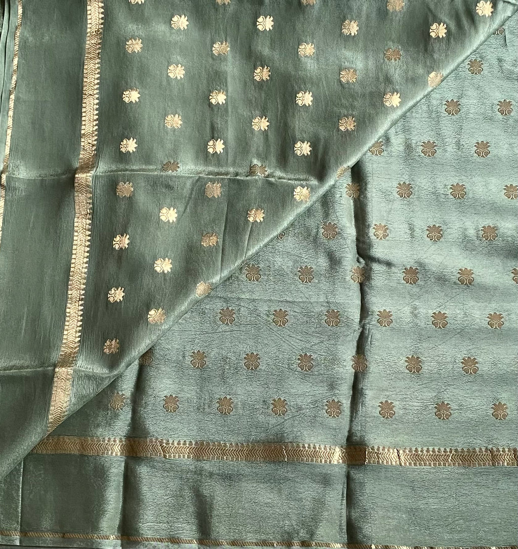 Sage Green soft crepe Saree Gold Buti Woven Zari Border Elegant