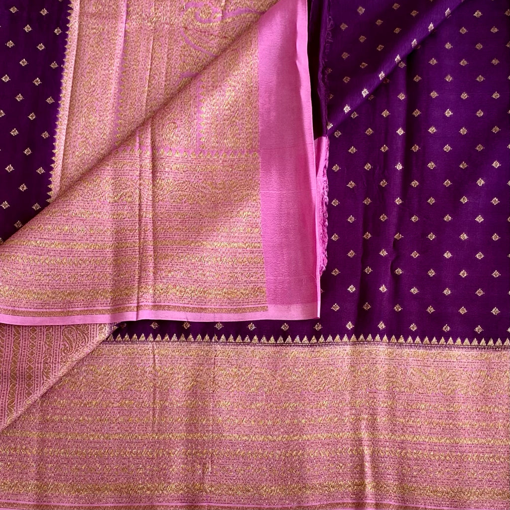 Stunner Deep Wine Purple with Rose Pink Banarasi Crepe Silk