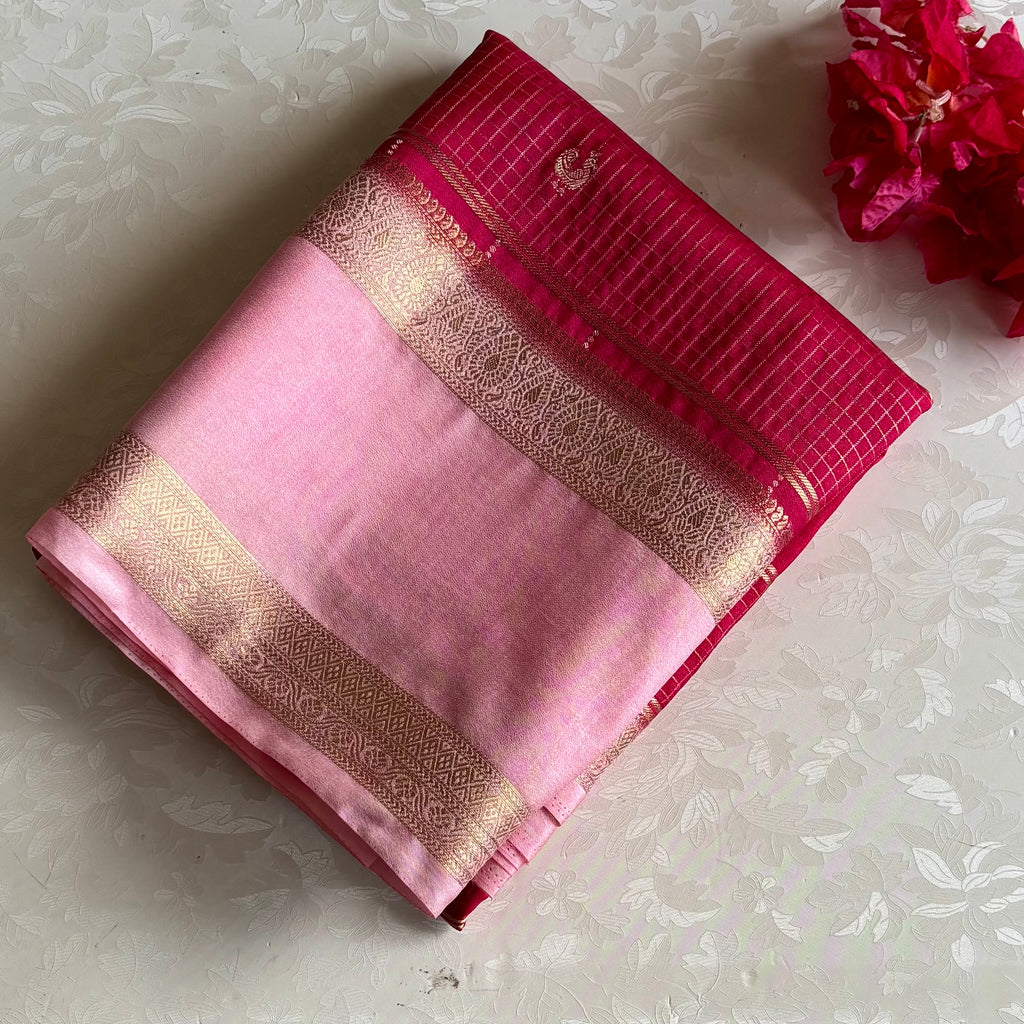 Cherry Pink Soft Tussar With Blush Pink Checkered Weave
