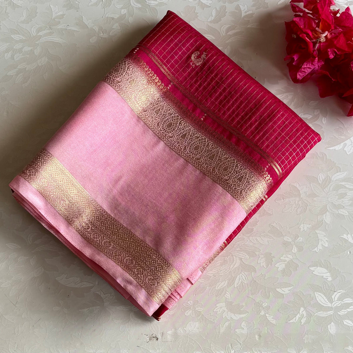 Cherry Pink Soft Tussar With Blush Pink Checkered Weave