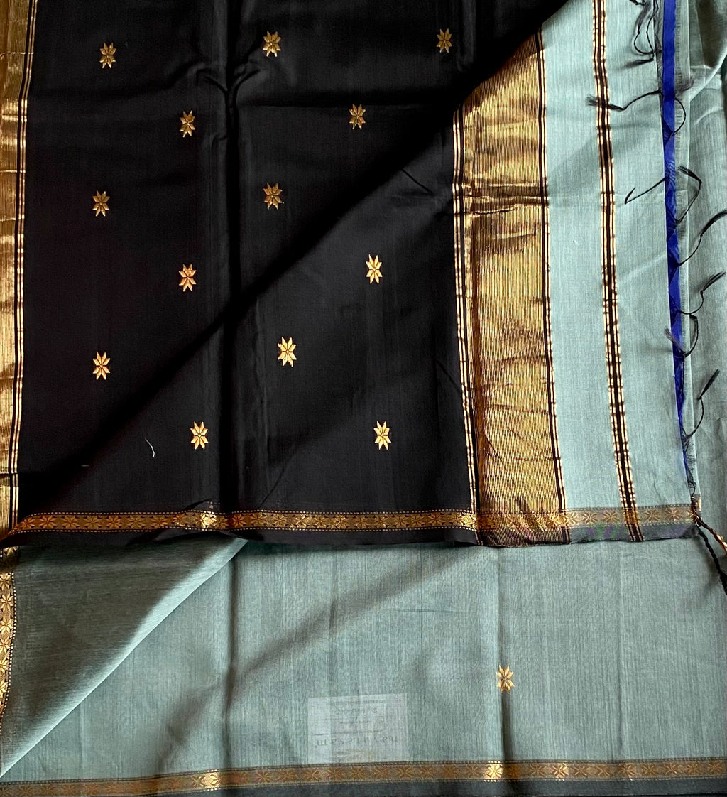 Stunning rare sage green with black handwoven Maheshwari silk cotton