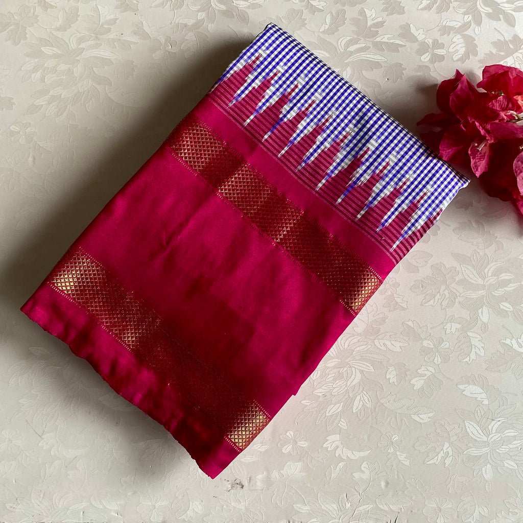 Micro Checkered Blue Pure Ikkat Handloom Silk With Ikkat Woven Pallu & Blouse