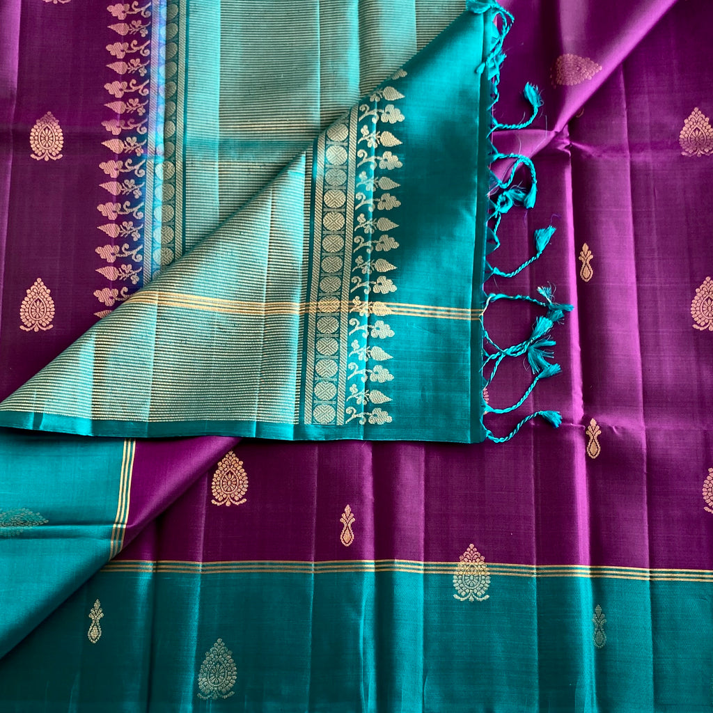 Rich Purple Pure Silk Saree With Metallic Teal Pallu And Gold Zari