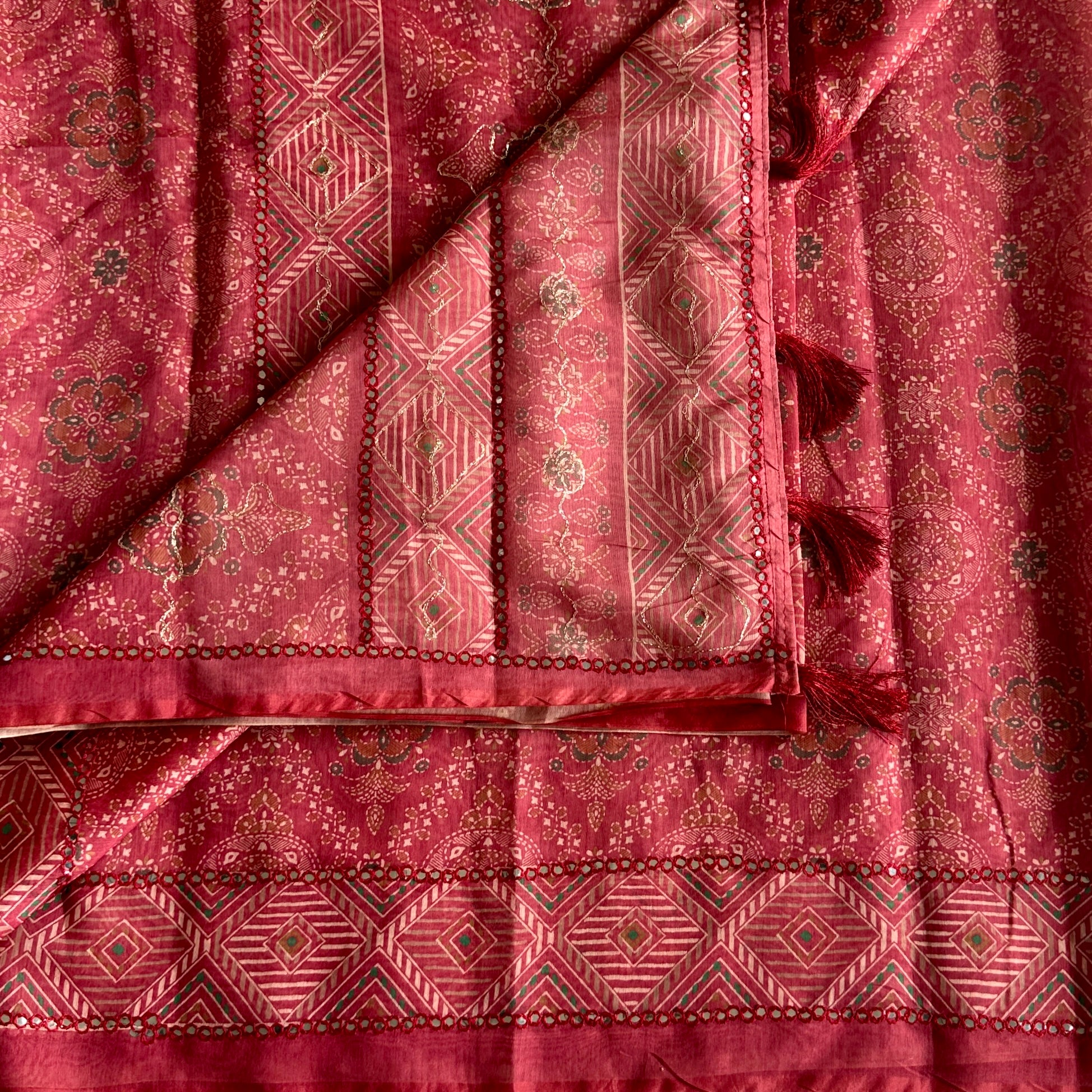 Dreamy Rustic Maroon Softest Tussar Saree With Mirrorwork Borders