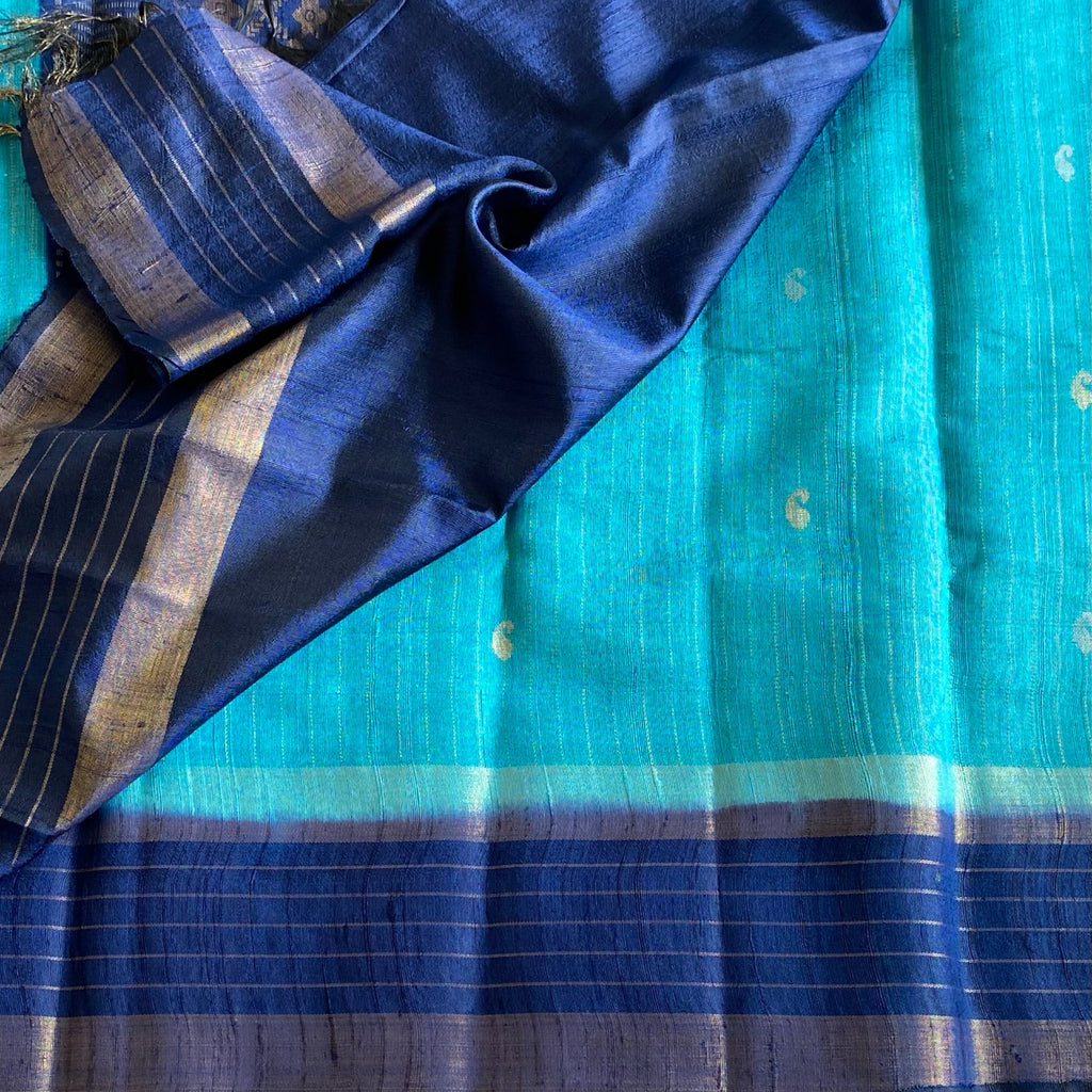 Turquoise blue Handwoven Pure Raw Silk With Indigo Blue Contrast