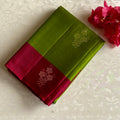 Lime Green Designer Pure Silk Saree With Cherry Red Pallu And Gold Zari