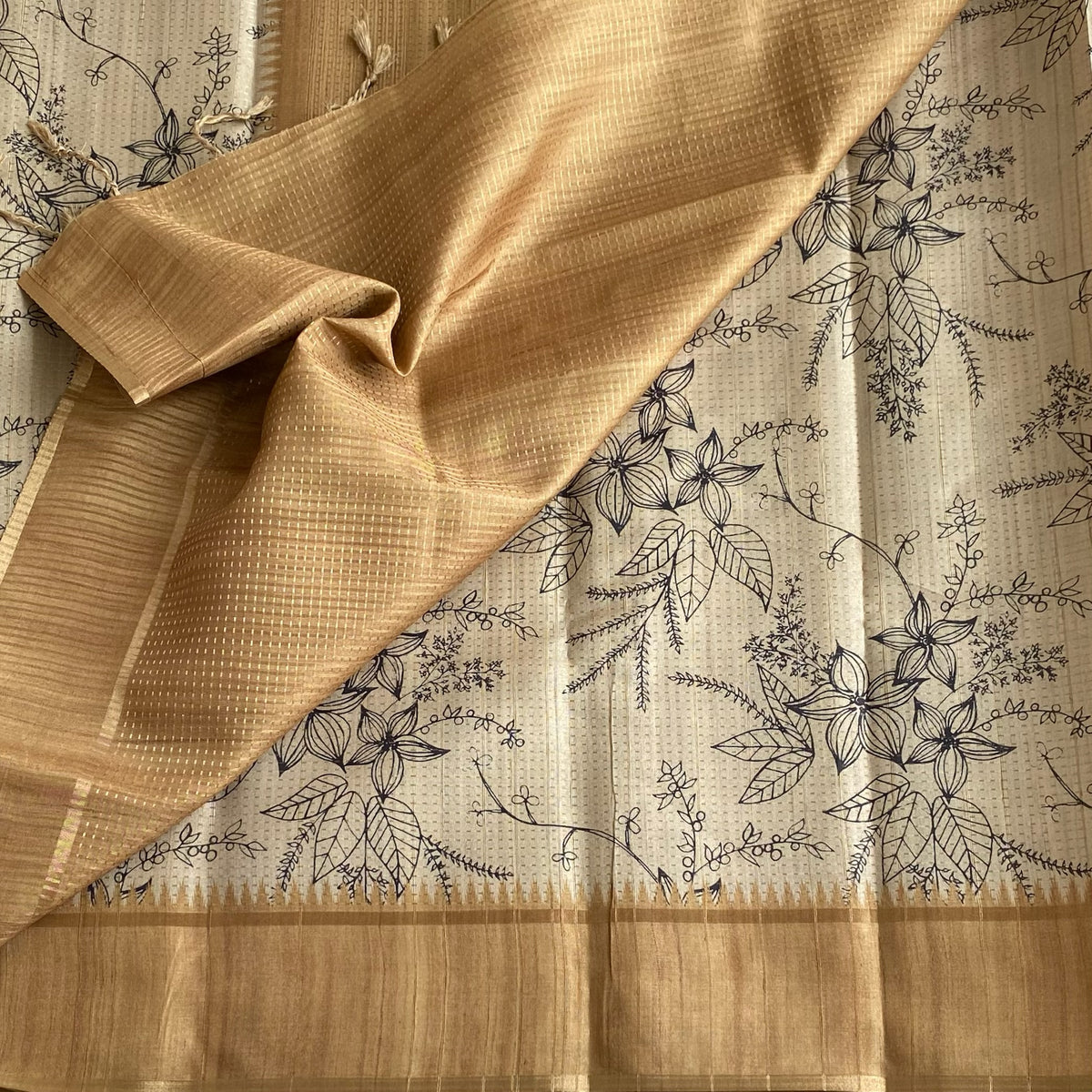Ecru Beige Soft Tussar Silk Saree With Magical Light Gold Panel
