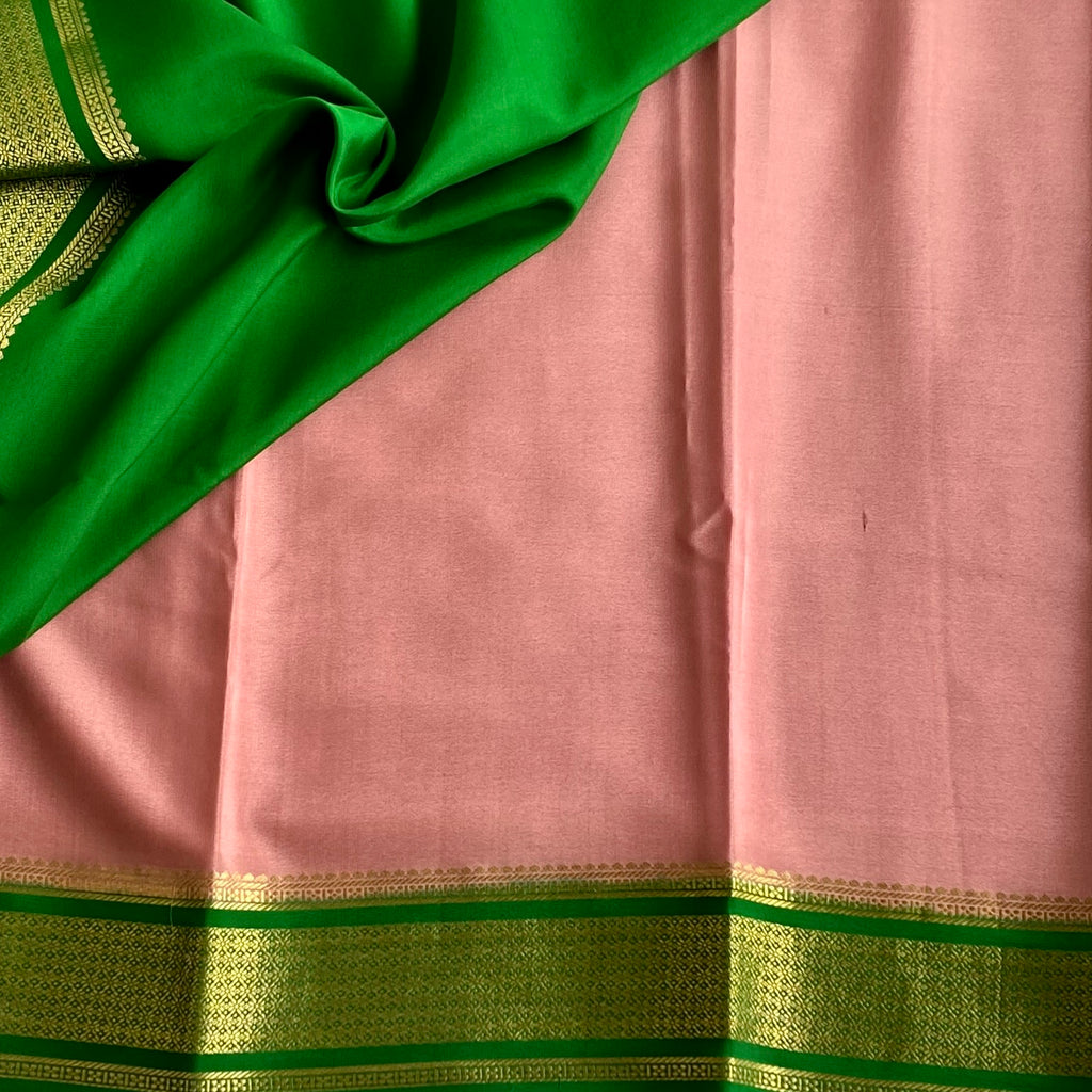Vintage Dusty Rose with Leafy Green Designer Pure Mysore Crepe Silk