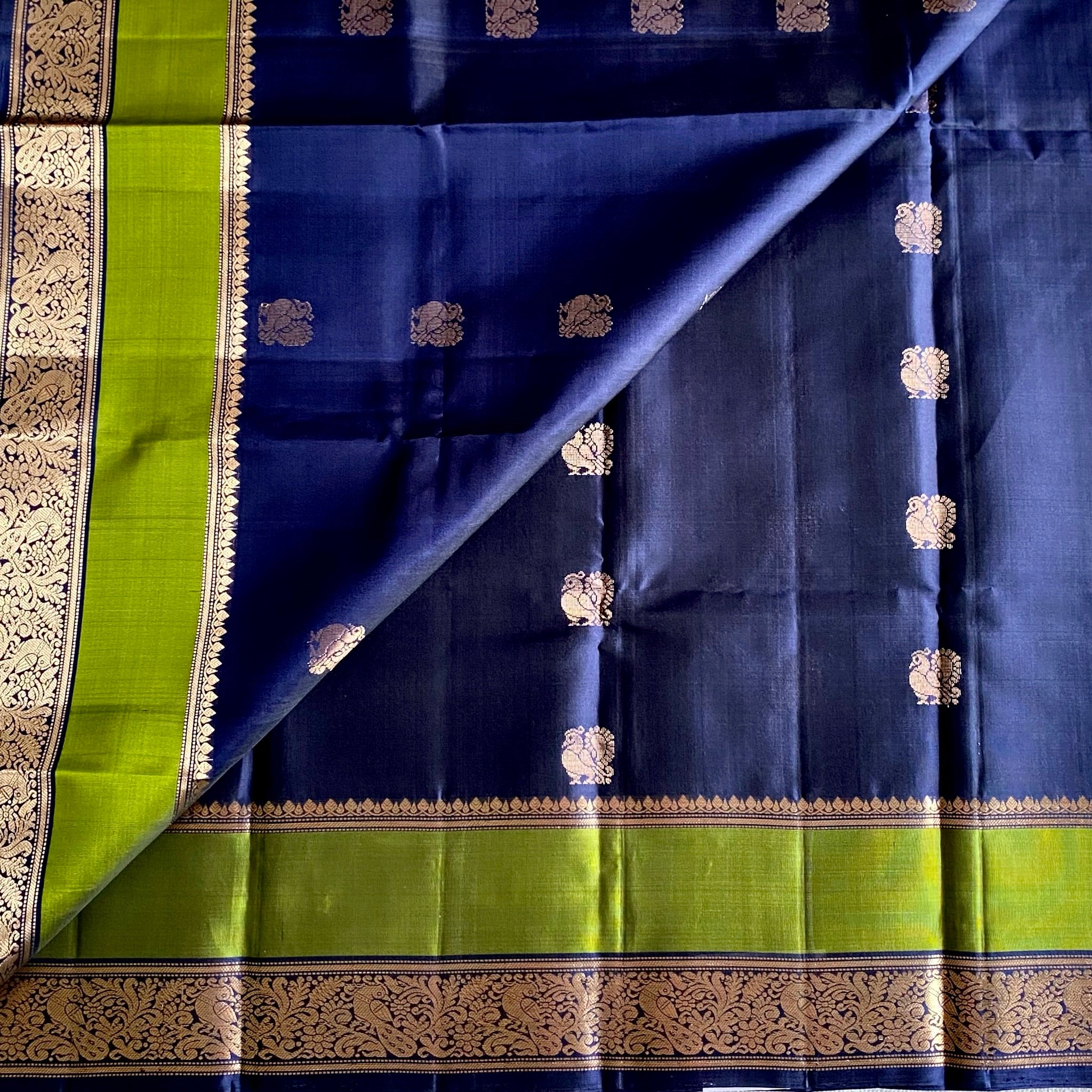 Midnight Navy Blue Designer Pure Silk Saree With Olive Green Pallu