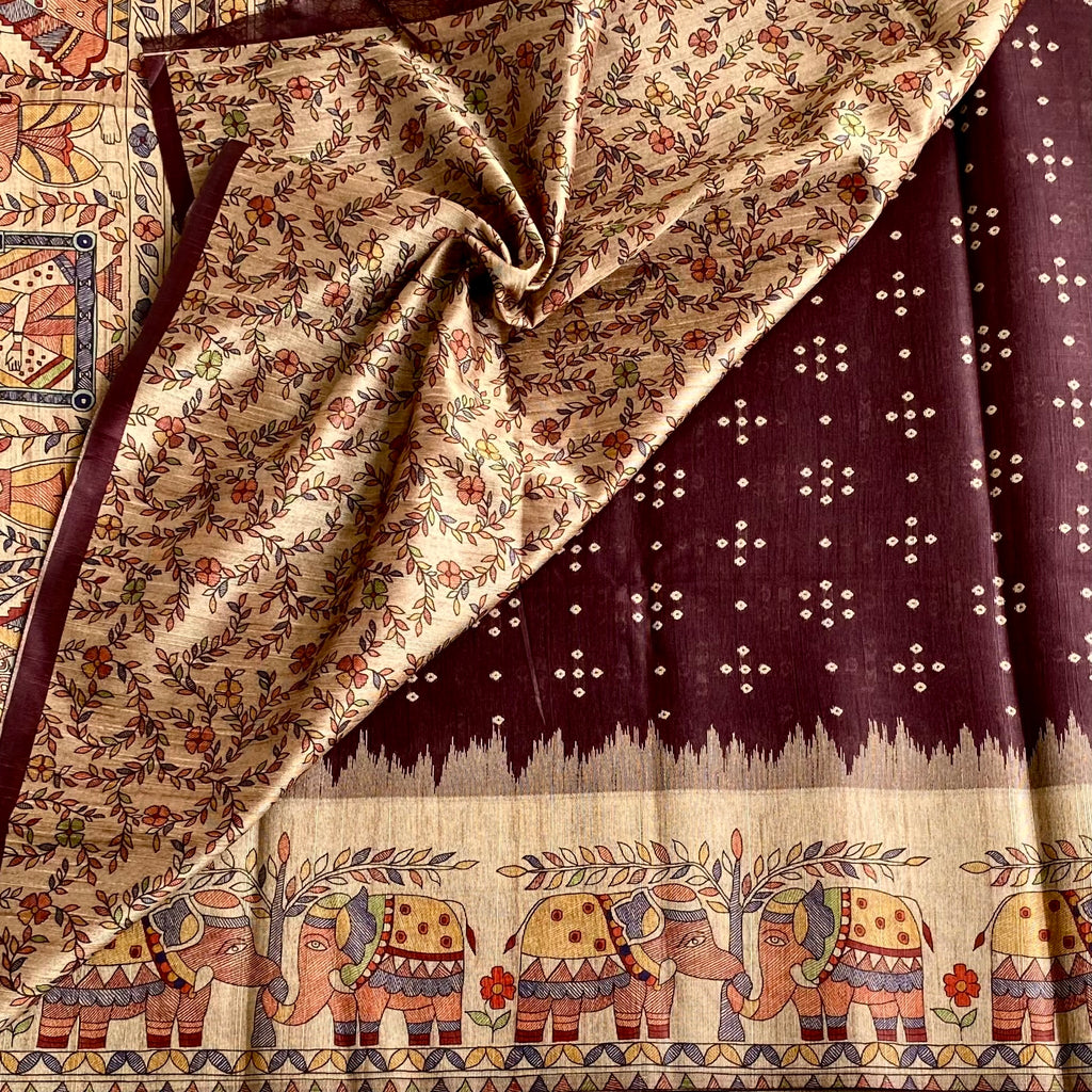 Trendy Brown Soft Tusaar Silk with Printed Designer Warli Borders & Pallu