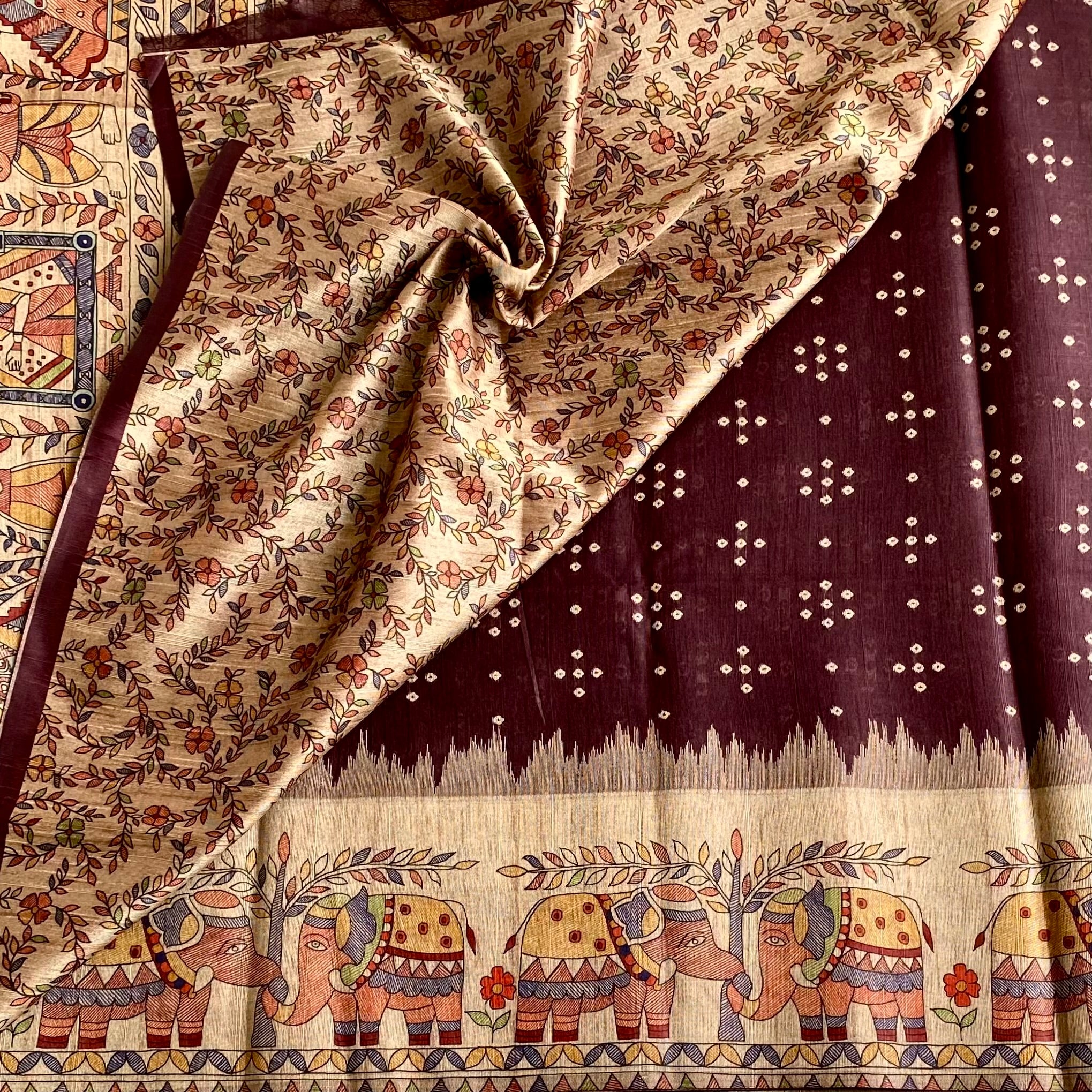 Trendy Brown Soft Tusaar Silk with Printed Designer Warli Borders & Pallu
