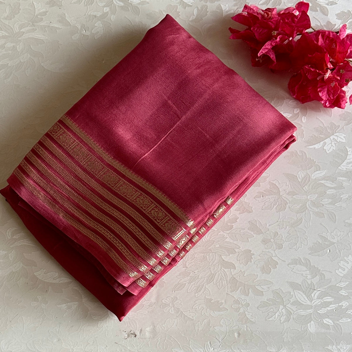 Deep Rose Soft Crepr Silk Saree With Rani Pink Blouse