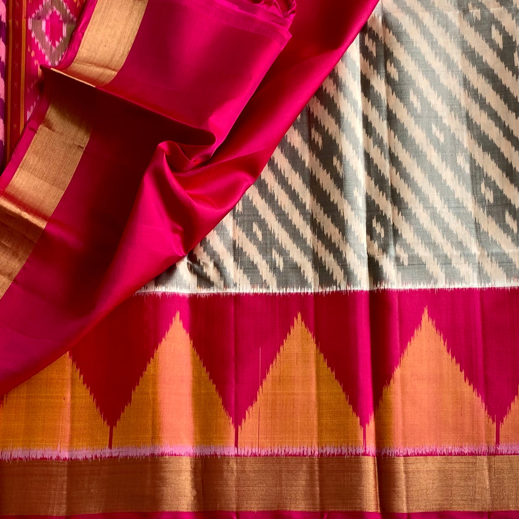 Ikkat Stunner in Pure Silk in Shades of Grey & Rani Pink