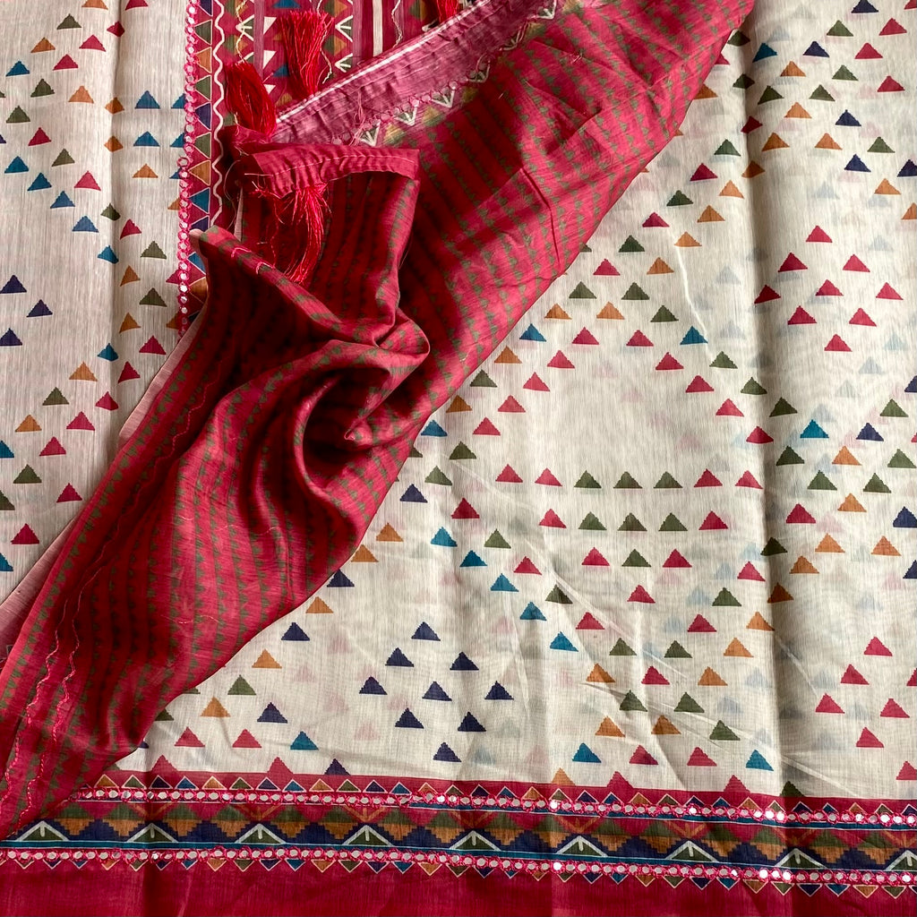 Cloud Grey Softest Lightweight Tussar With Pink Mirror Work Borders