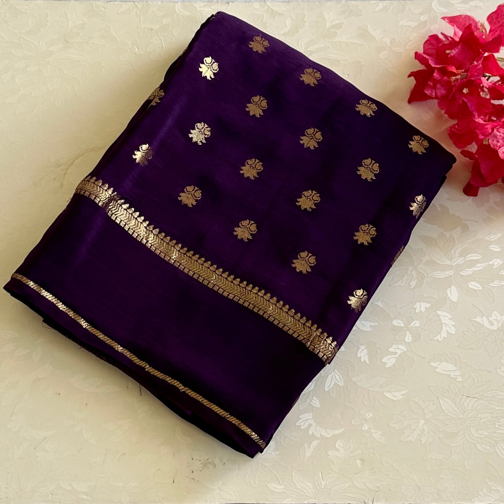 Brinjal Purple soft crepe stunner with gold zari woven buttas