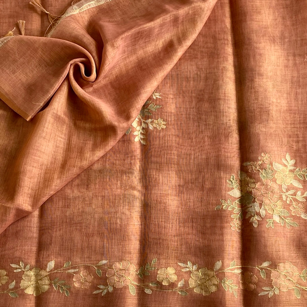Muted Terracotta Soft Tussar Silk Saree With Embroidered Designer Borders n Pallu