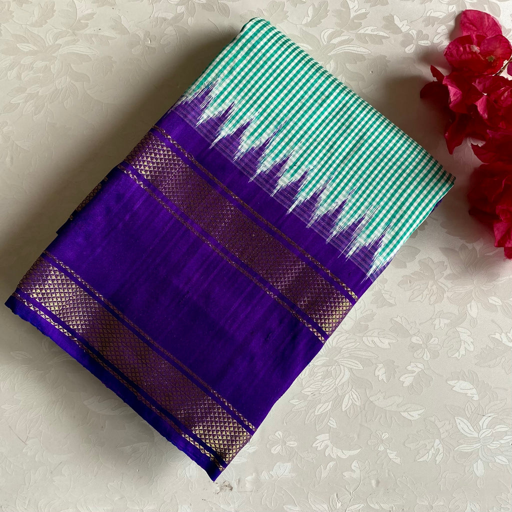 Micro Checkered Sea Green Pure Ikkat Handloom Silk With Ikkat Woven Pallu & Blouse