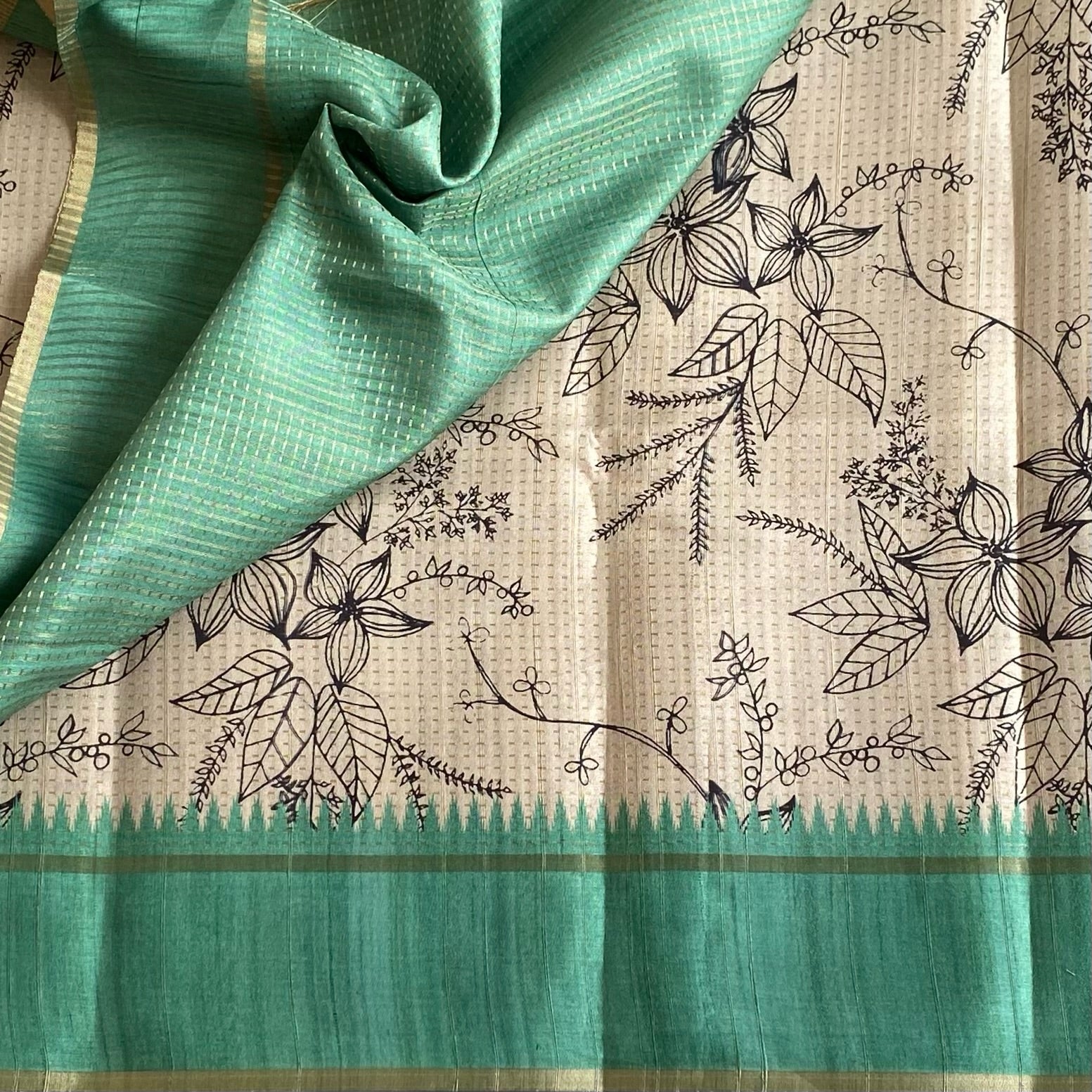 Ecru Beige Soft Tussar Silk Saree With Sea foam Green Panel