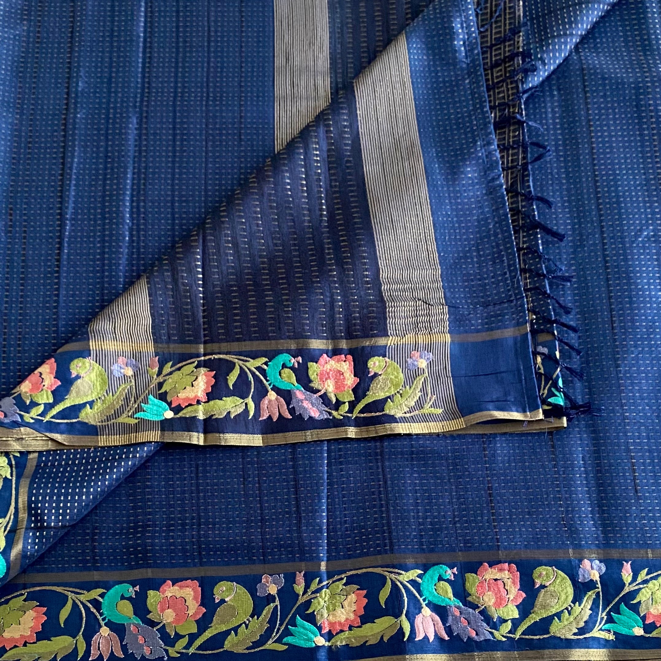 Denim Blue Tussar Silk With Designer Floral Embroidered Borders & Pallu