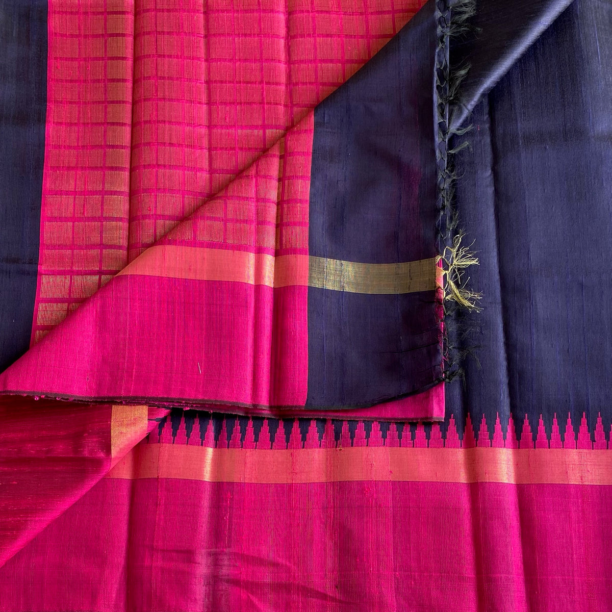 Navy Blue With Rani Pink Handwoven Pure Raw Silk
