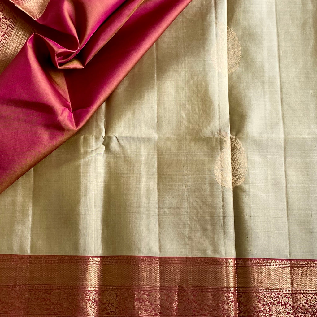 Golden Beige Designer Pure Silk Saree With Metallic Rose Magenta Pallu