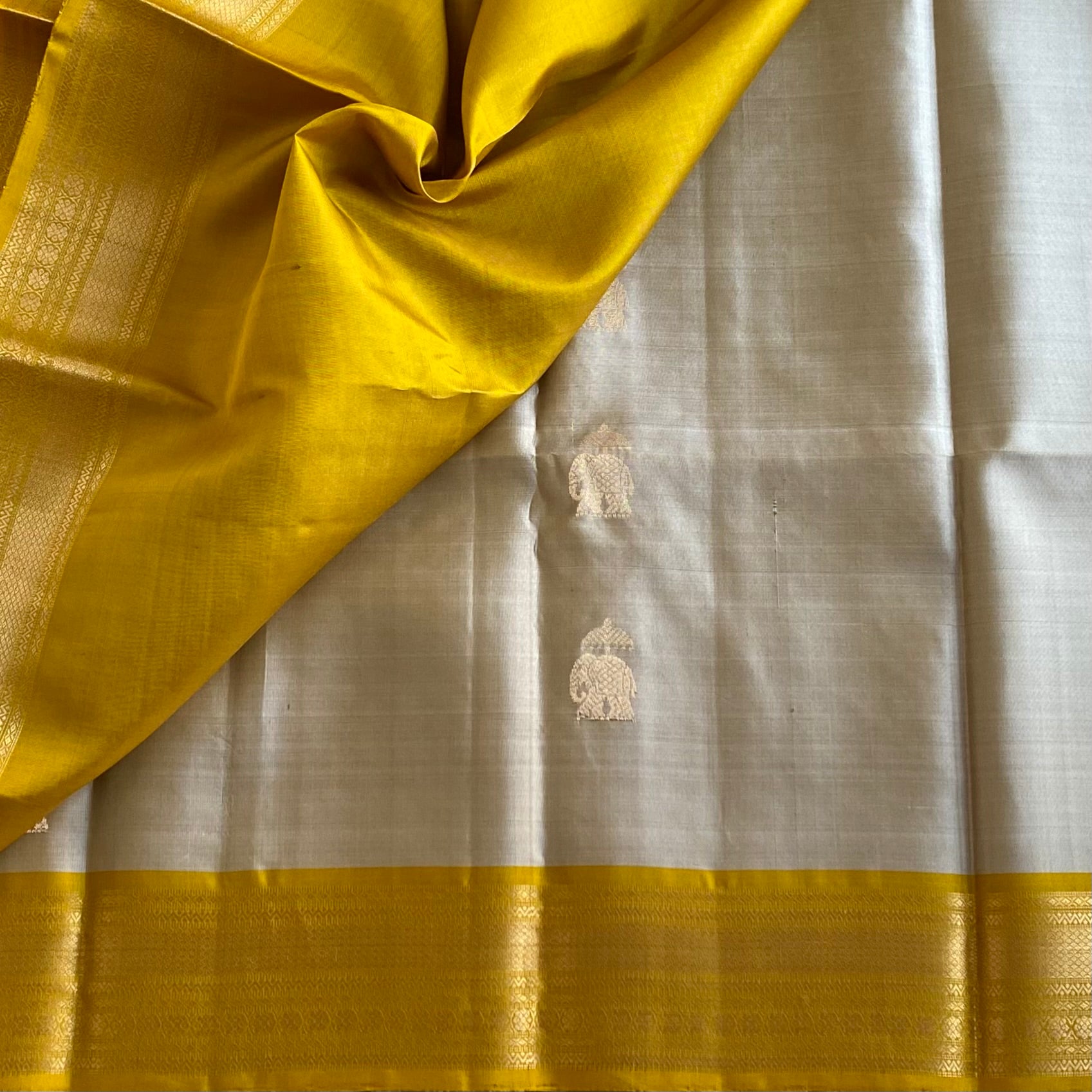 Antique Silver Designer Pure Silk Saree With Mustard Yellow Pallu