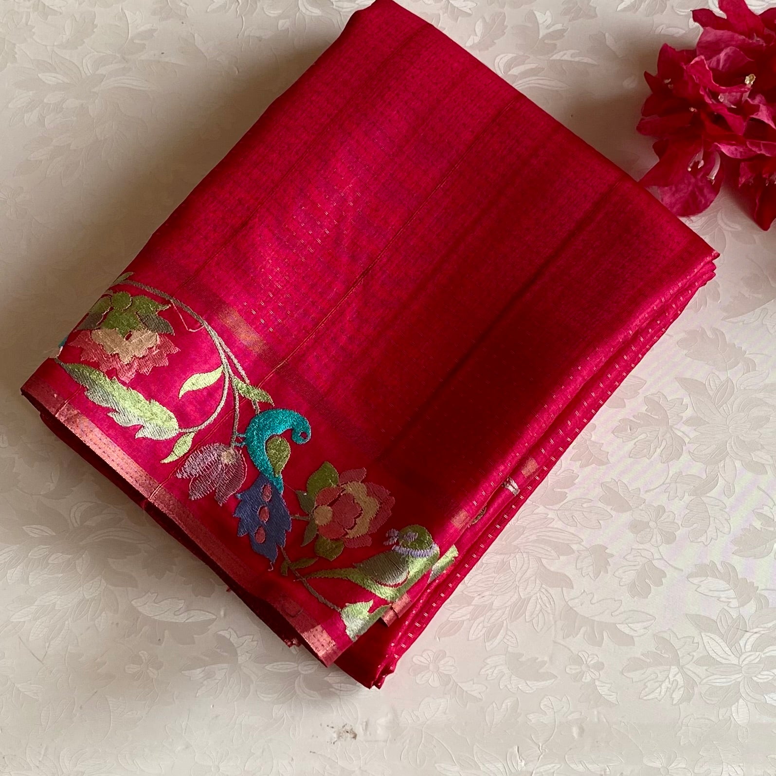 Rani Pink Soft Tussar Silk Saree With Teal Blue Border Embroidery
