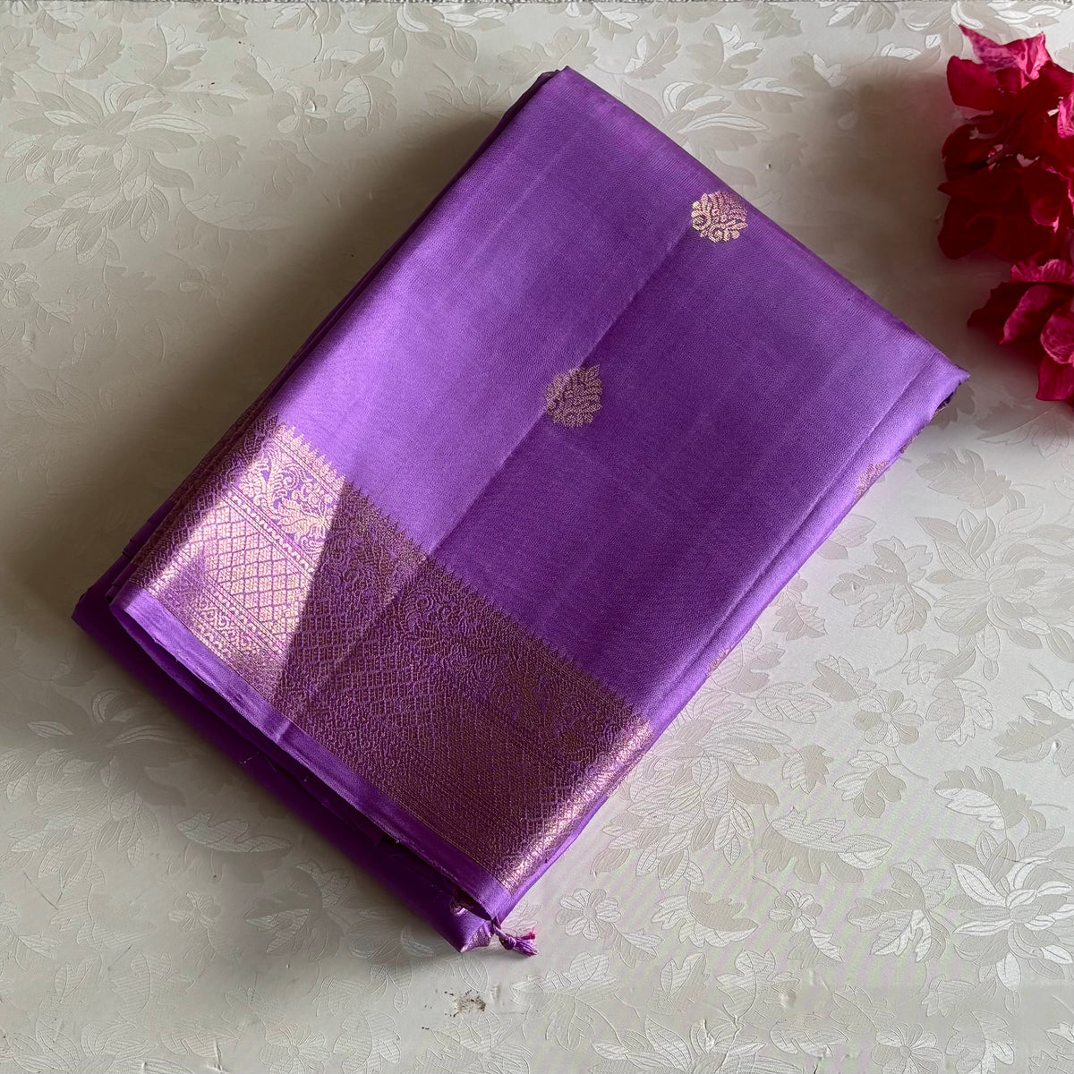 Designer Pure Silk Orchid Purple Saree Metallic Gold Zari Buttas