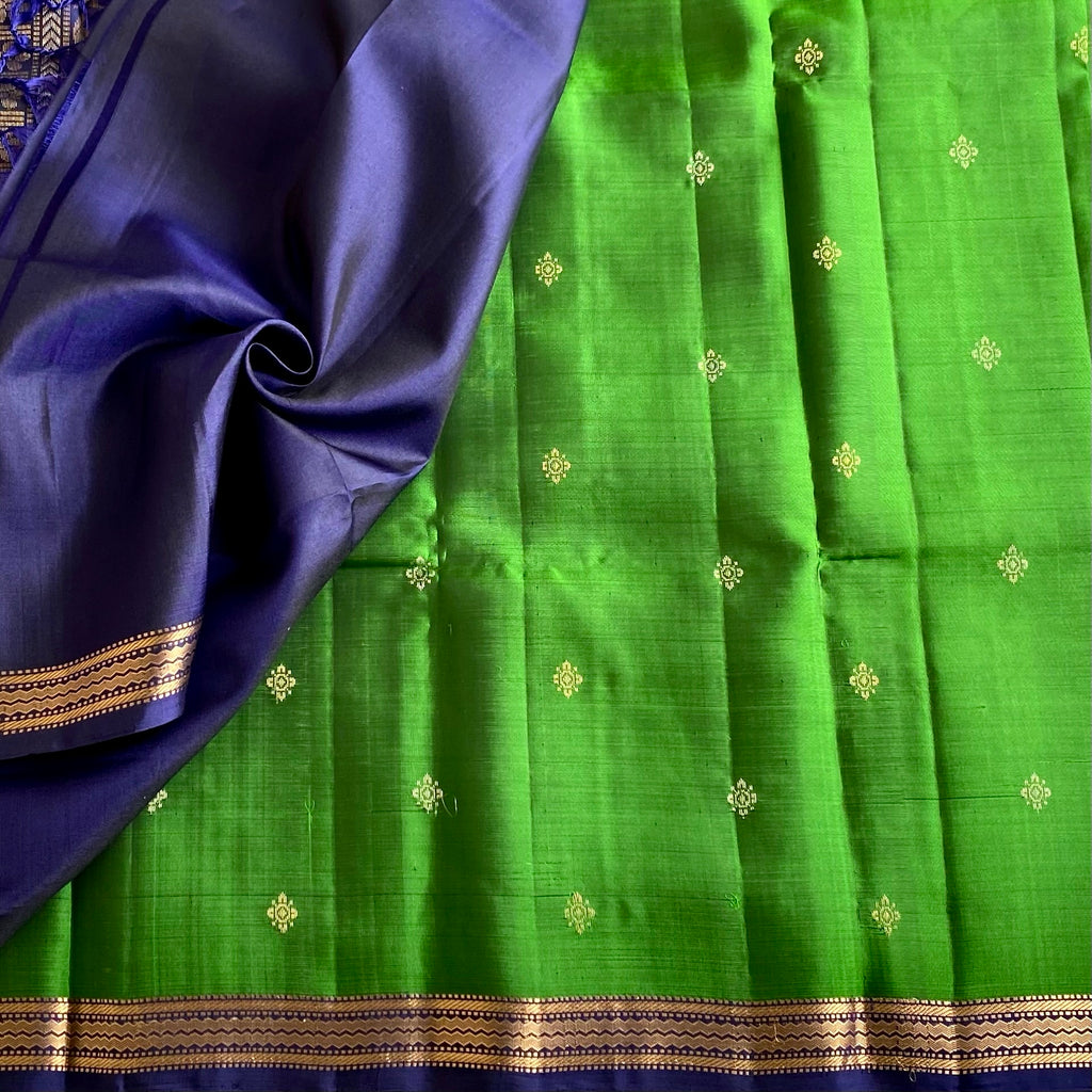 Leaf Green Designer Pure Silk Saree With Royal Blue Pallu