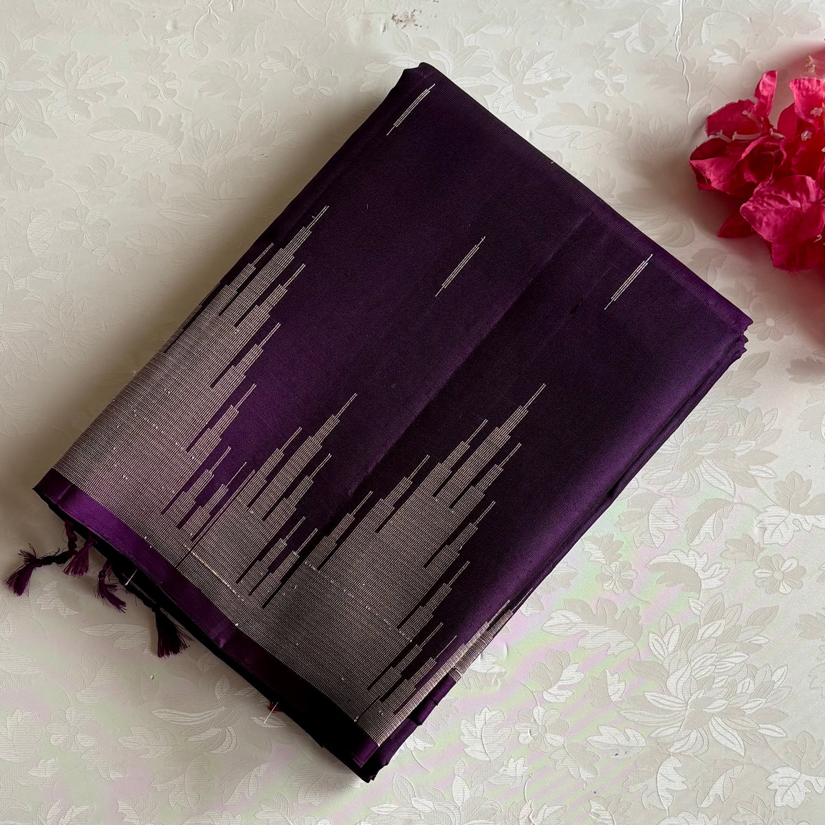 Brinjal Purple Designer Pure Silk Saree With Antique Temple Borders