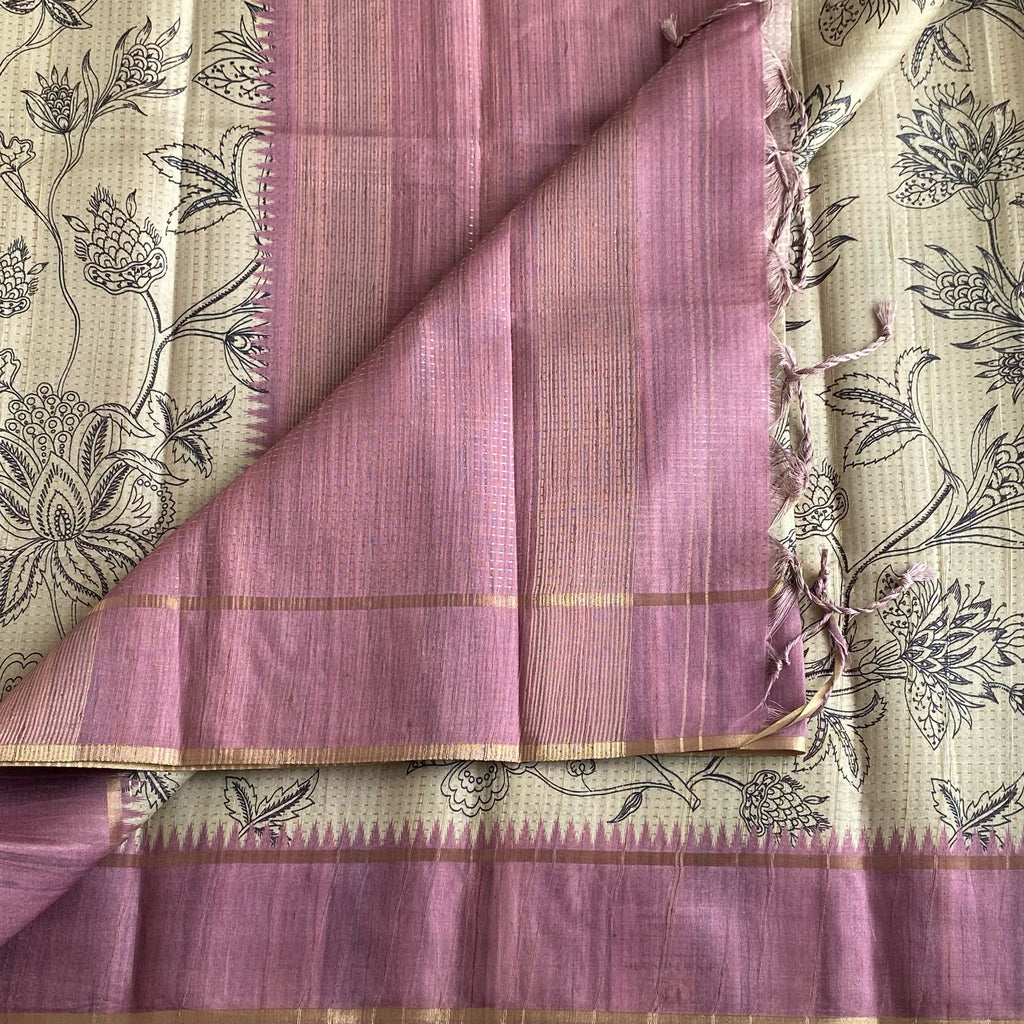 Ecru Beige Soft Tussar Silk Saree With Dreamy Lavender Panel