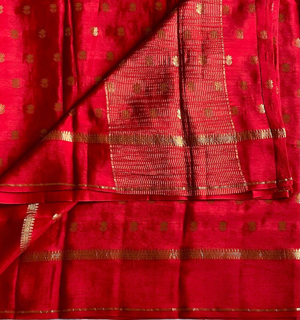 Scarlet Red soft crepe silk with Metallic Gold Motifs Striped Pallu Traditional Wearo