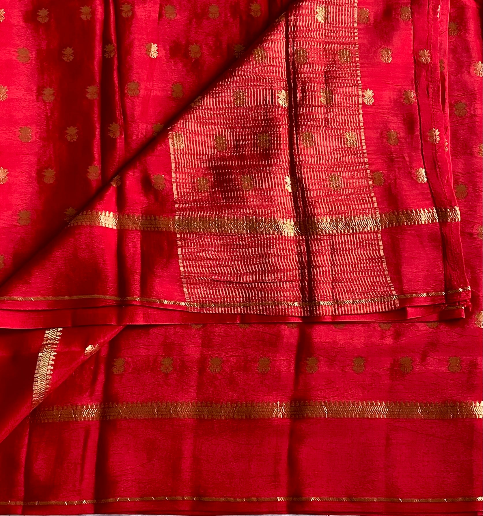 Scarlet Red soft crepe silk with Metallic Gold Motifs Striped Pallu Traditional Wearo