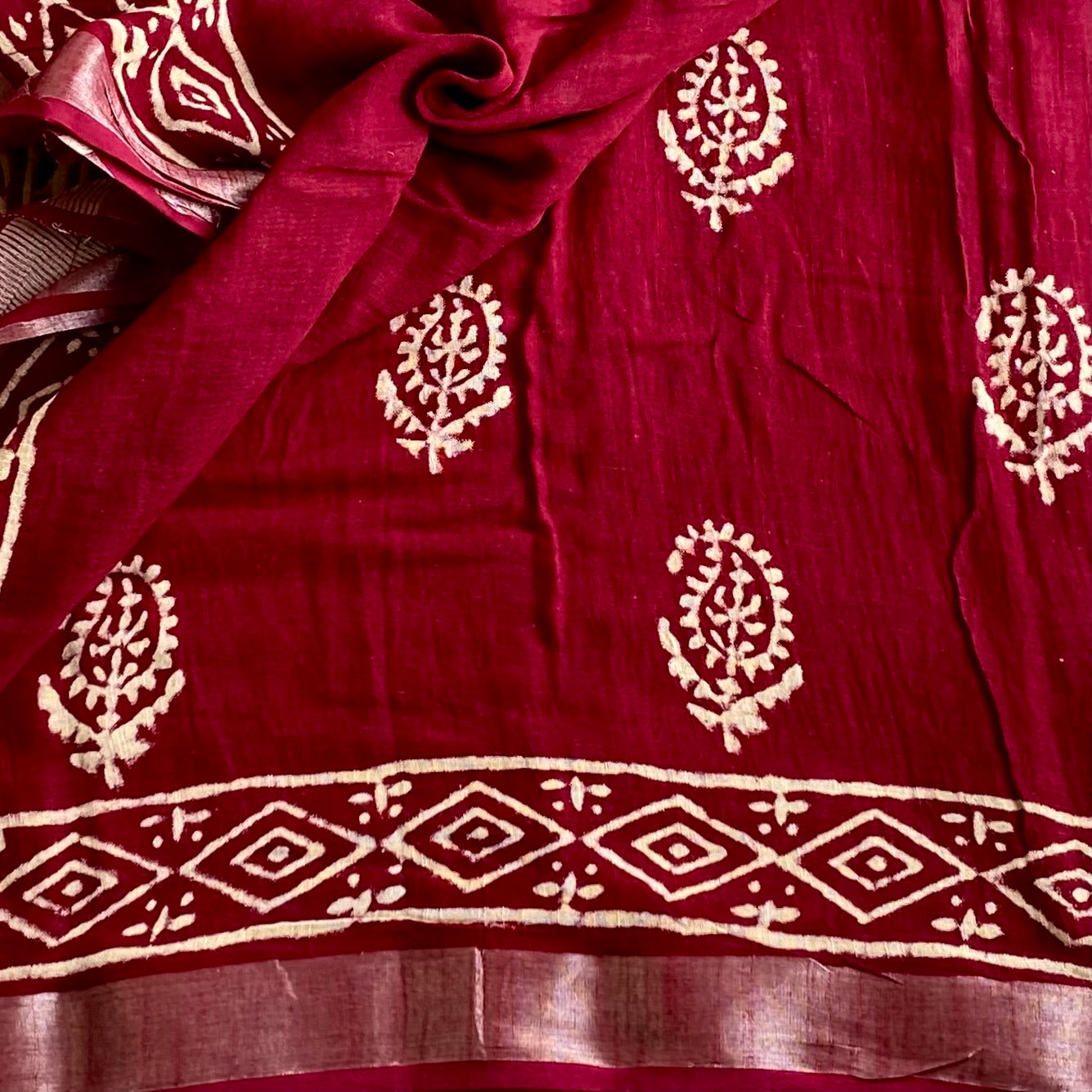 Wine Maroon Soft Block Printed Linen Saree With Antique Silver Borders