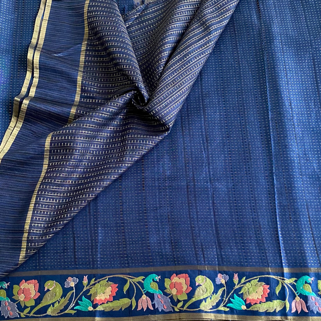 Denim Blue Tussar Silk With Designer Floral Embroidered Borders & Pallu