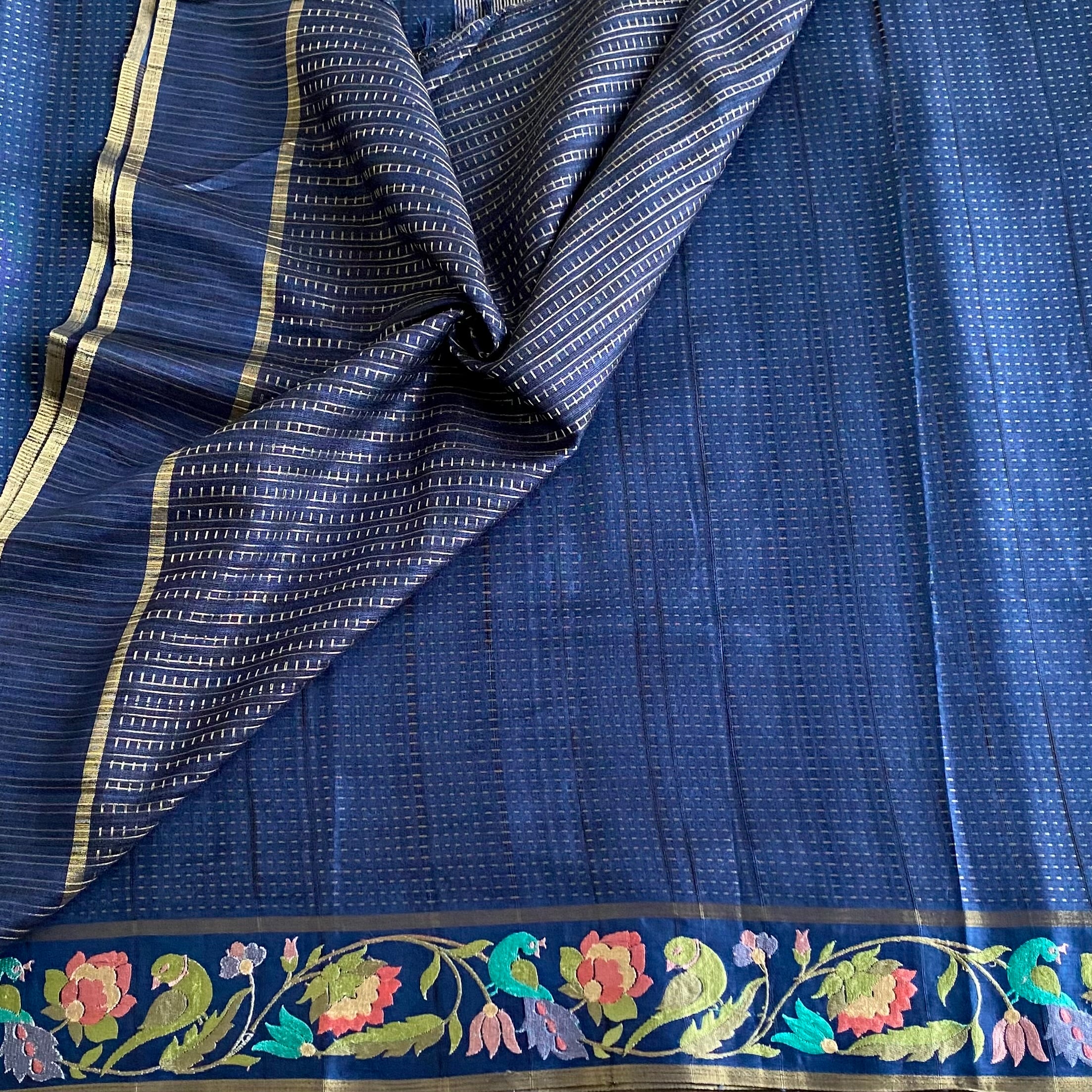 Denim Blue Tussar Silk With Designer Floral Embroidered Borders & Pallu