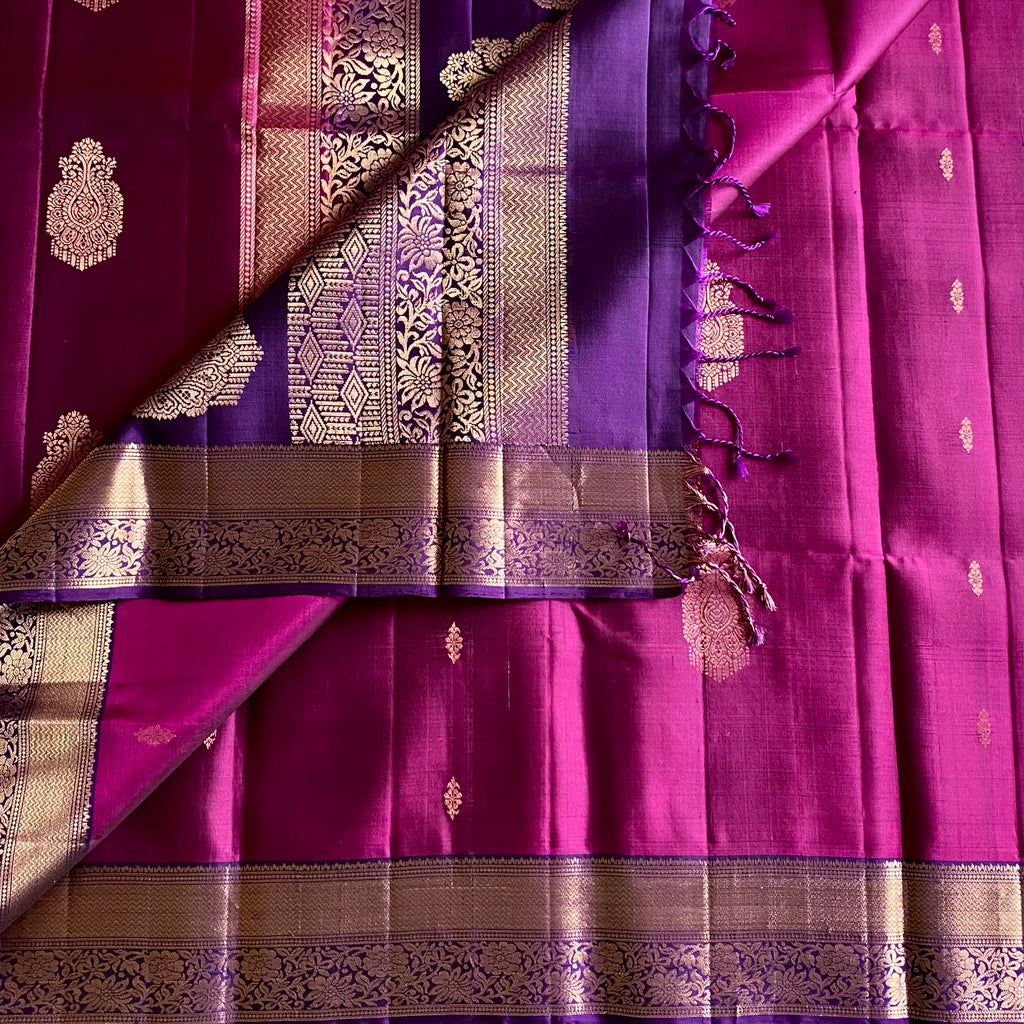 Berry Pink Lustrous Designer Pure Silk With Royal Purple Contrast