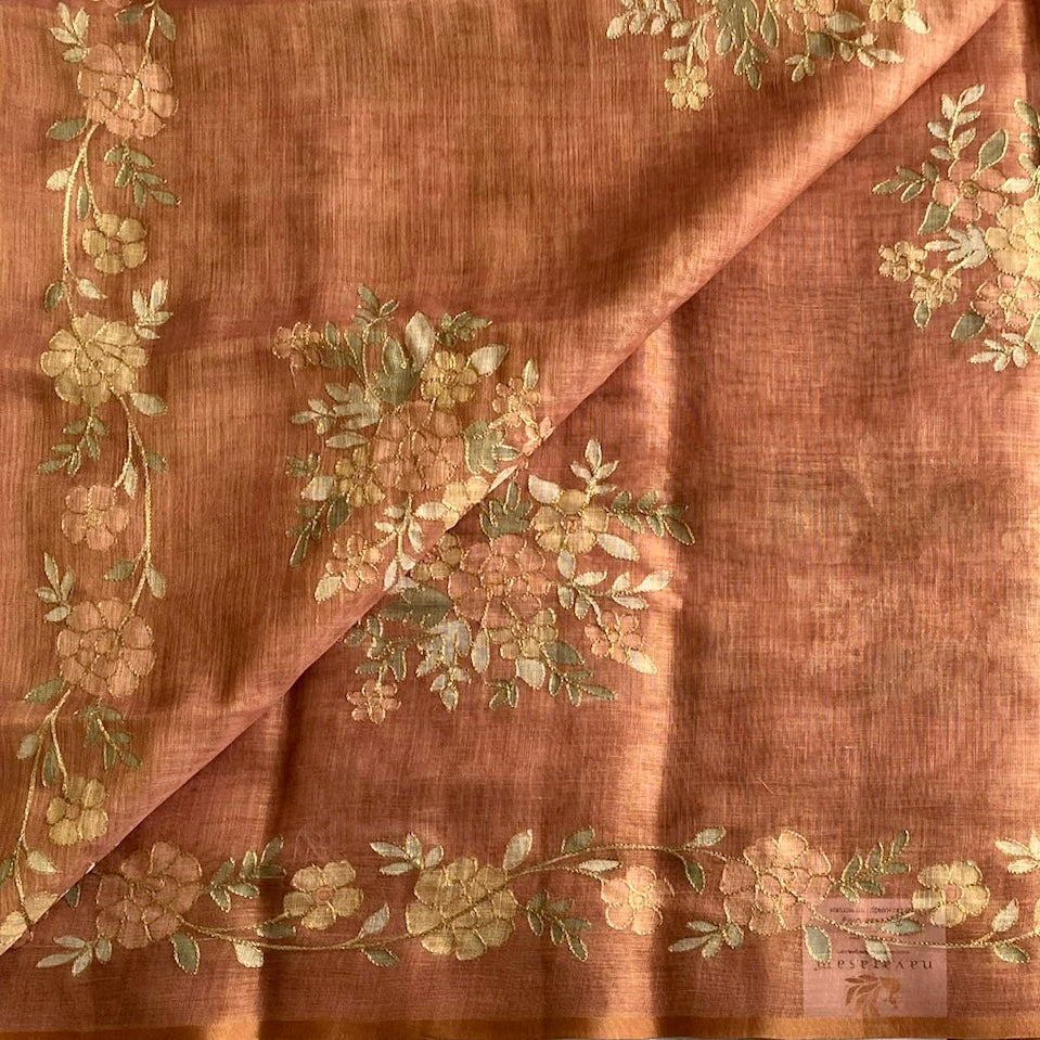 Muted Terracotta Soft Tussar Silk Saree With Embroidered Designer Borders n Pallu