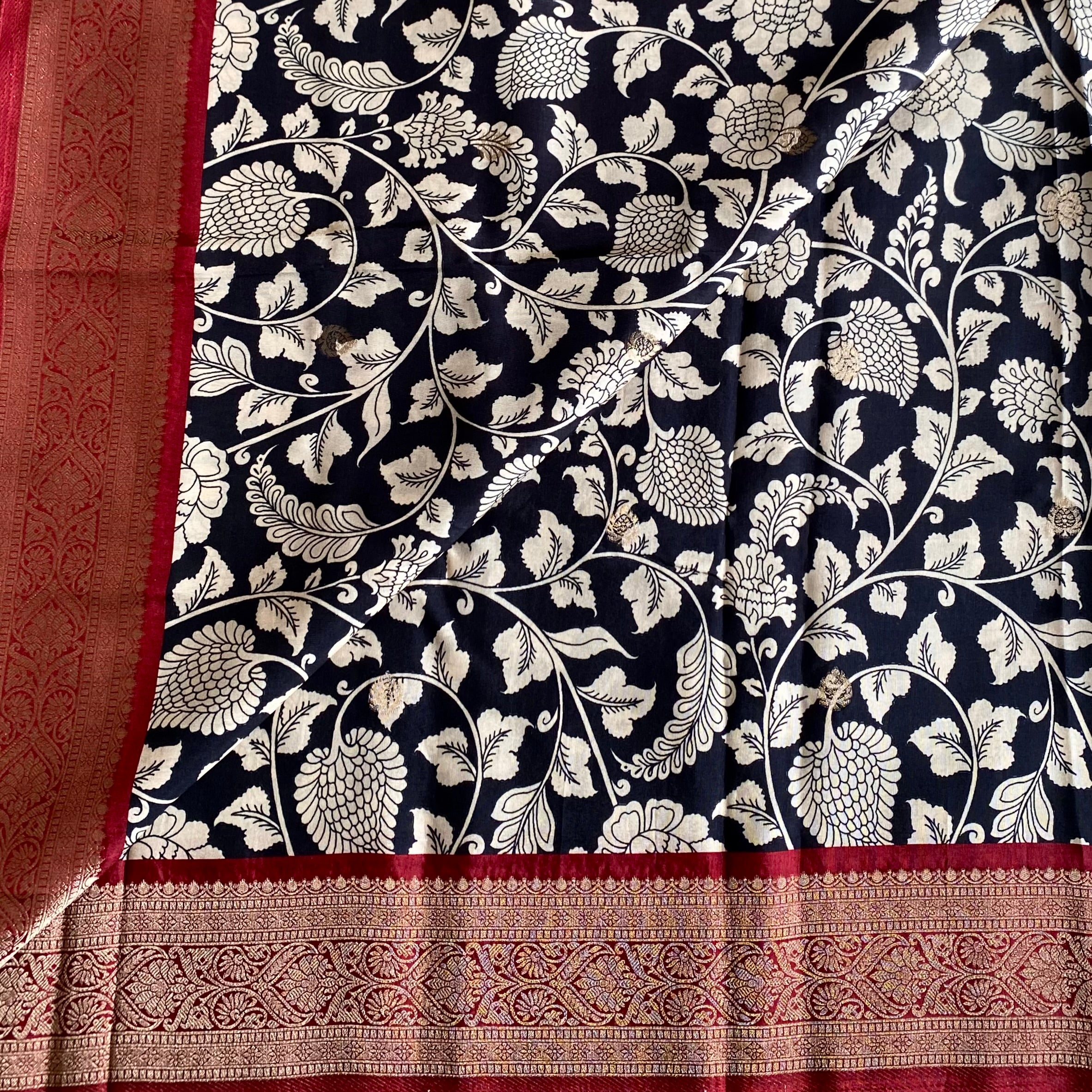 Midnight Black Soft Tussar Silk Saree With Deep Maroon Pallu