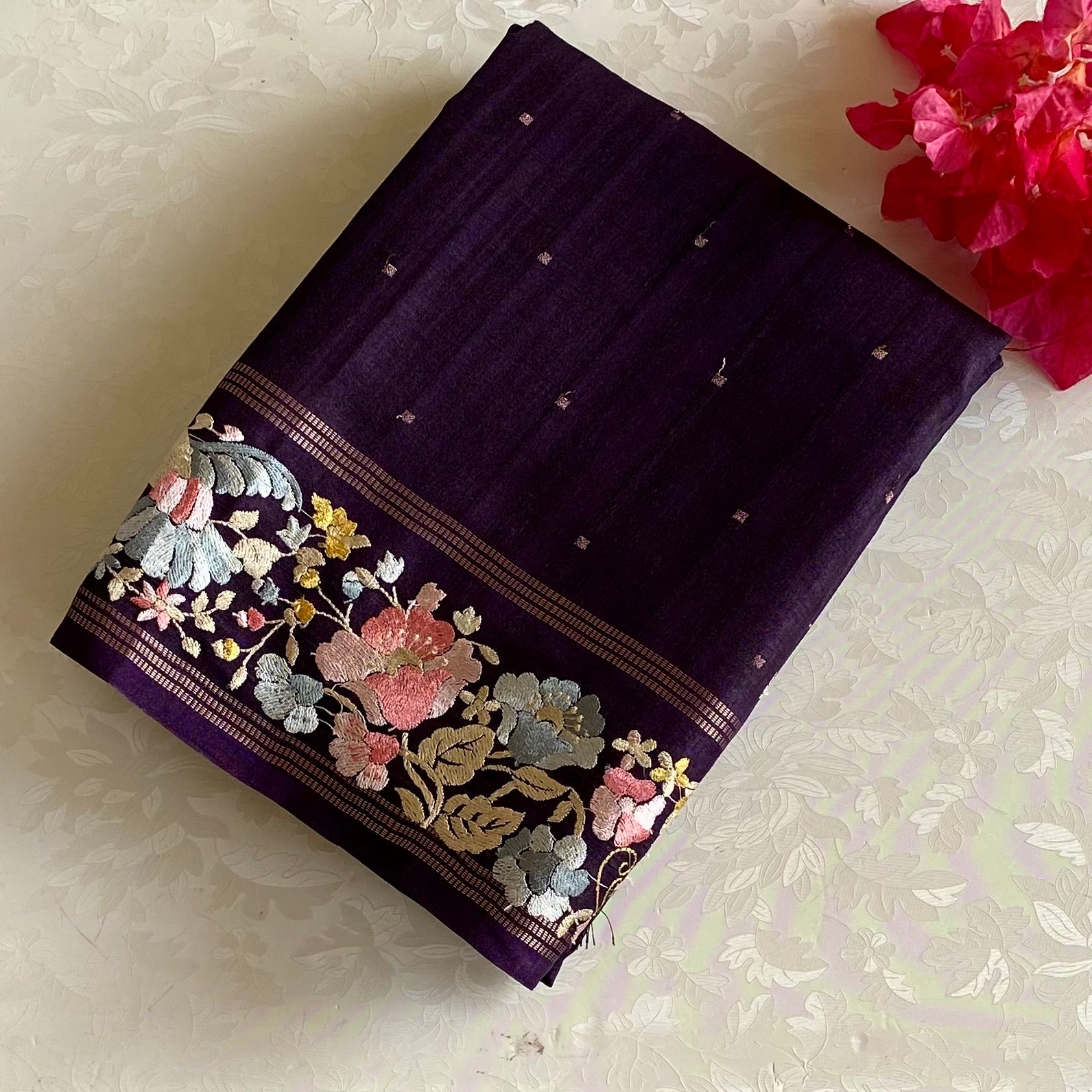 Deep Purple Soft Tussar Silk Saree With Embroidered Borders