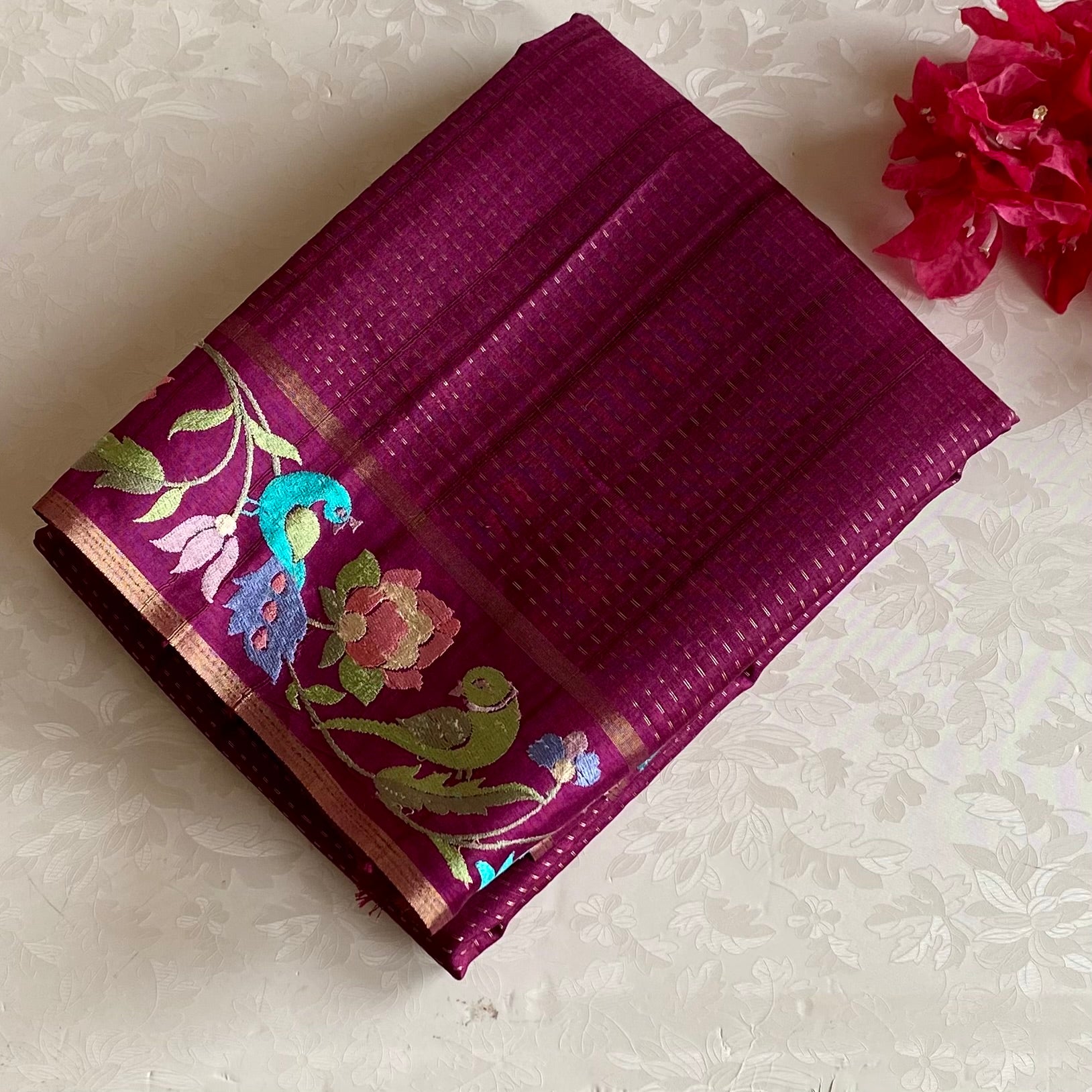 Wine Magenta Silk With Designer Floral Embroidered Borders & Pallu