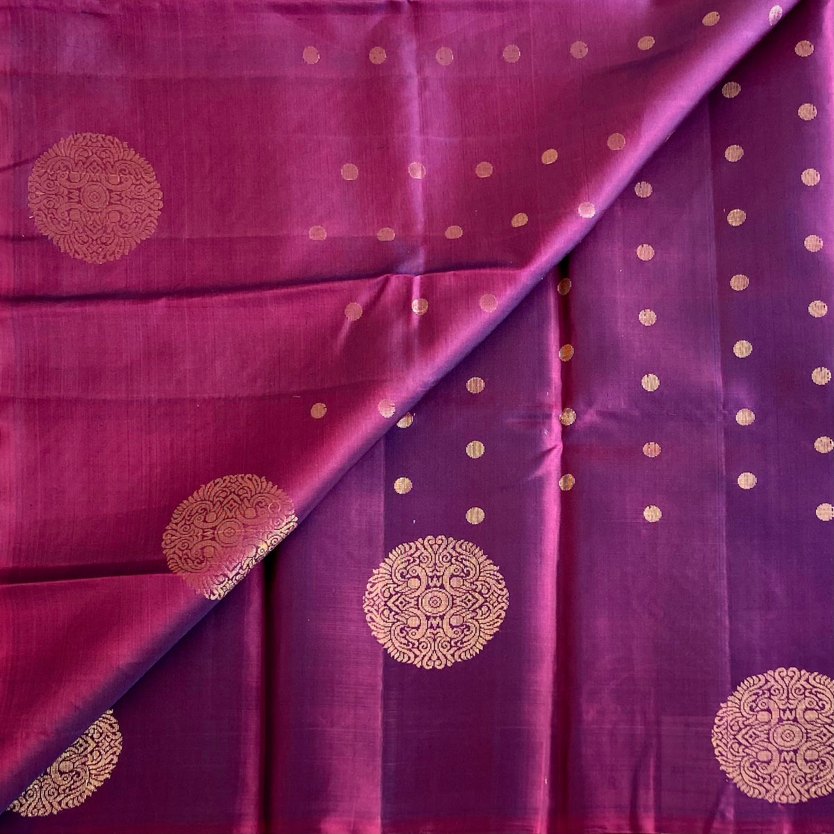 Dual Shaded Wine Antique Gold Designer Pure Silk Saree With Floral Pallu