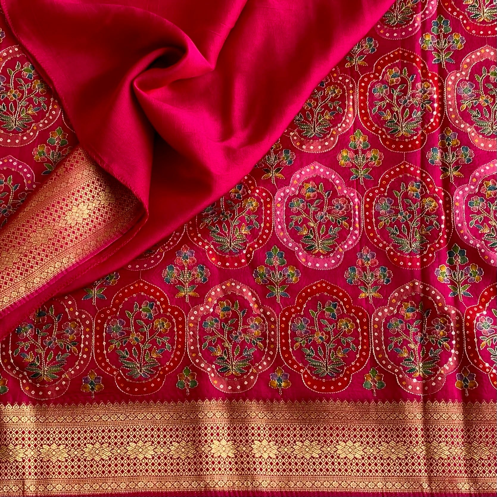 Designer Rani Pink Soft Tussar With Meenakari weave With Antique Gold Pallu