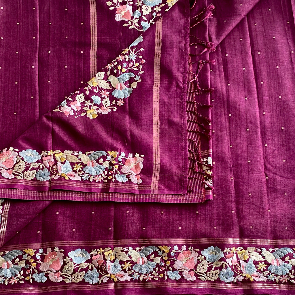 Deep Plum Soft Tussar Silk Saree With Coral Pink Embroidery
