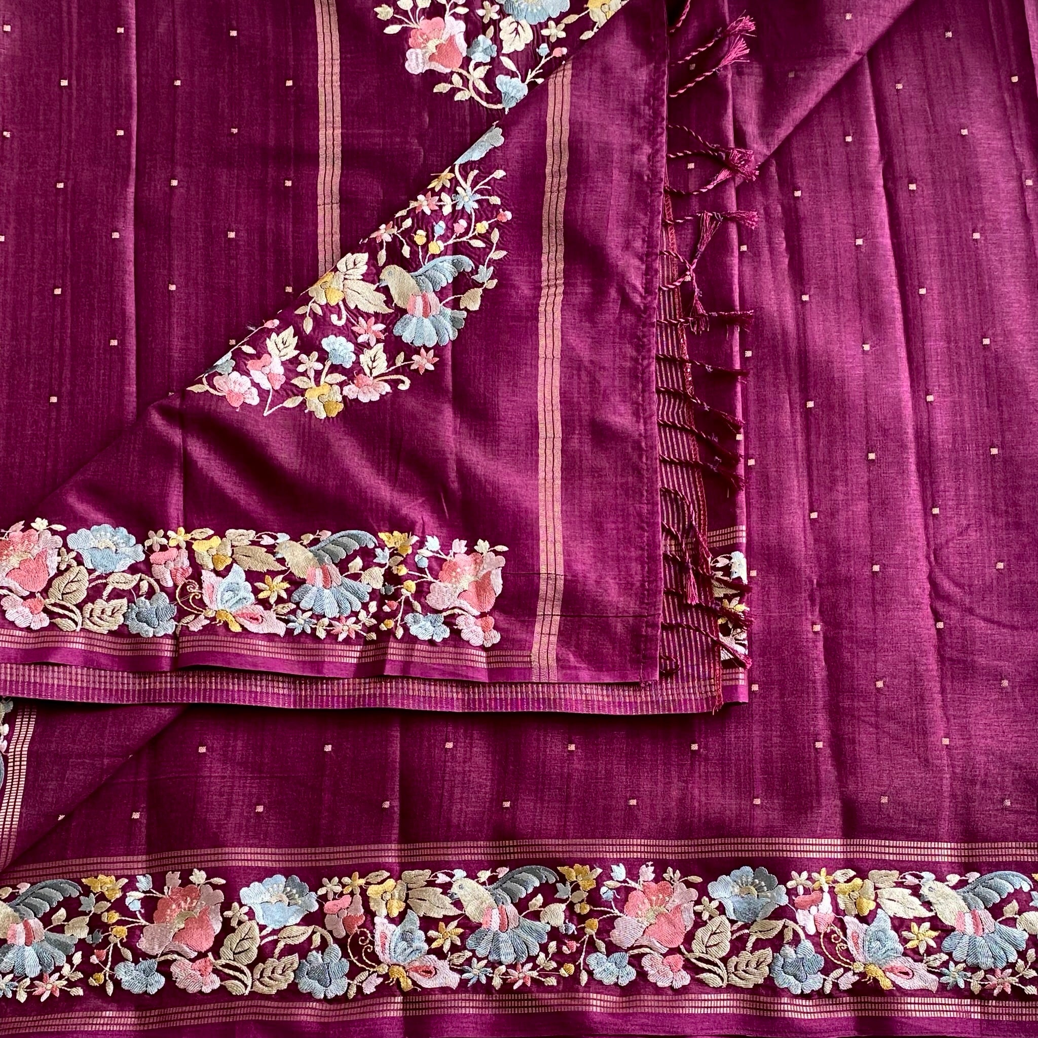 Deep Plum Soft Tussar Silk Saree With Coral Pink Embroidery